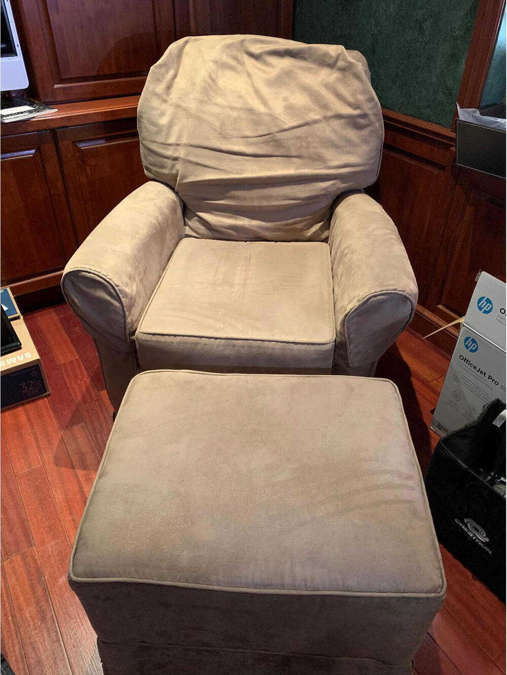 Beige Upholstered Armchair with Matching Ottoman